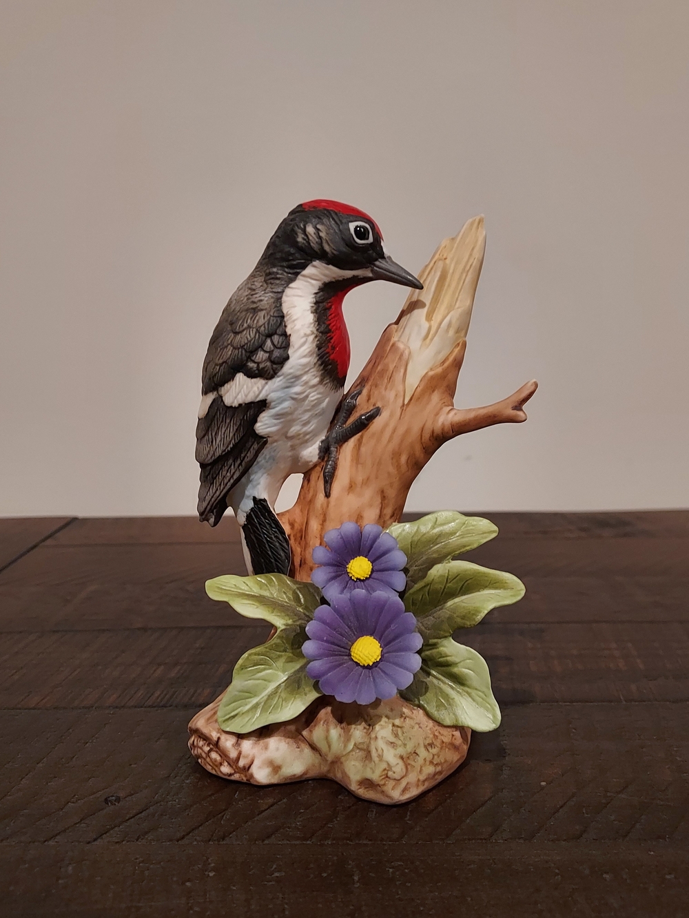 Decorative Black and Red Bird/Woodpecker Figurine on Branch with Purple Flowers